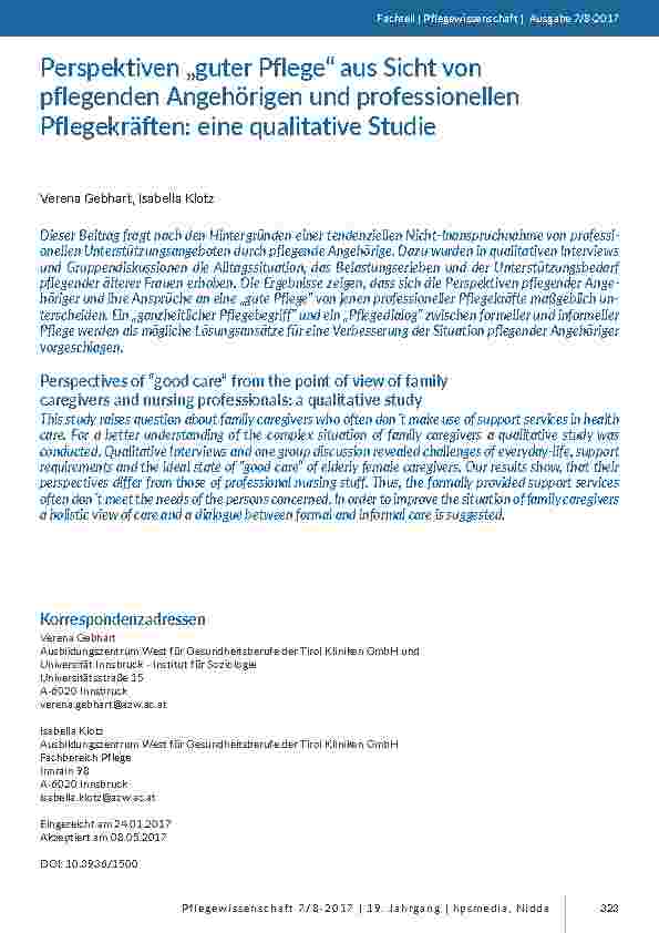 [doc_201611] Perspektiven „guter Pflege“ aus Sicht von pflegenden Angehörigen und professionellen Pflegekräften: eine qualitative Studie