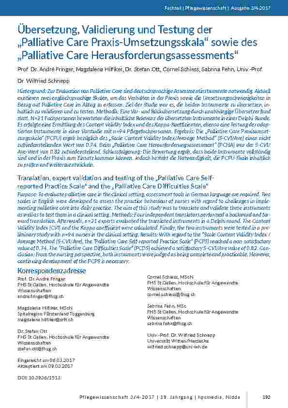 [doc_201590] Übersetzung, Validierung und Testung der „Palliative Care Praxis-Umsetzungsskala“ sowie des „Palliative Care Herausforderungsassessments“