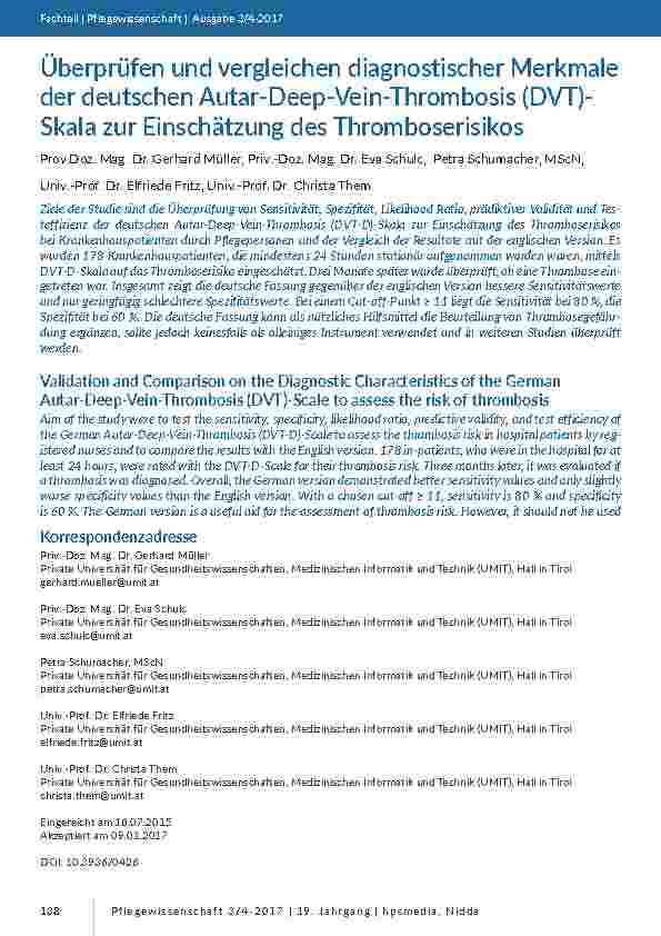 [doc_201584] Überprüfen und vergleichen diagnostischer Merkmale der deutschen Autar-Deep-Vein-Thrombosis (DVT)-Skala zur Einschätzung des Thromboserisikos