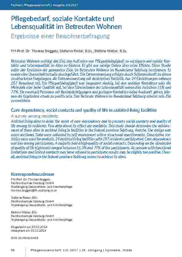 [doc_201570] Pflegebedarf, soziale Kontakte und Lebensqualität im Betreuten Wohnen. Ergebnisse einer Bewohnerbefragung