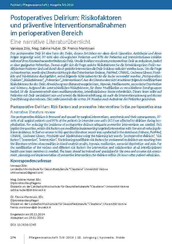 [doc_201503] Postoperatives Delirium: Risikofaktoren und präventive Interventionsmaßnahmen im perioperativen Bereich. Eine narrative Literaturübersicht