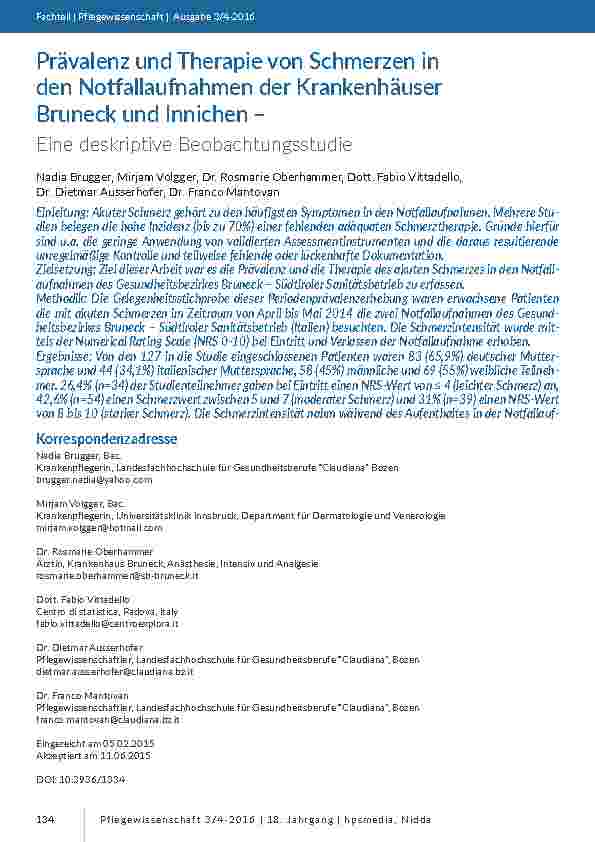 [doc_201484] Prävalenz und Therapie von Schmerzen in den Notfallaufnahmen der Krankenhäuser Bruneck und Innichen – Eine deskriptive Beobachtungsstudie