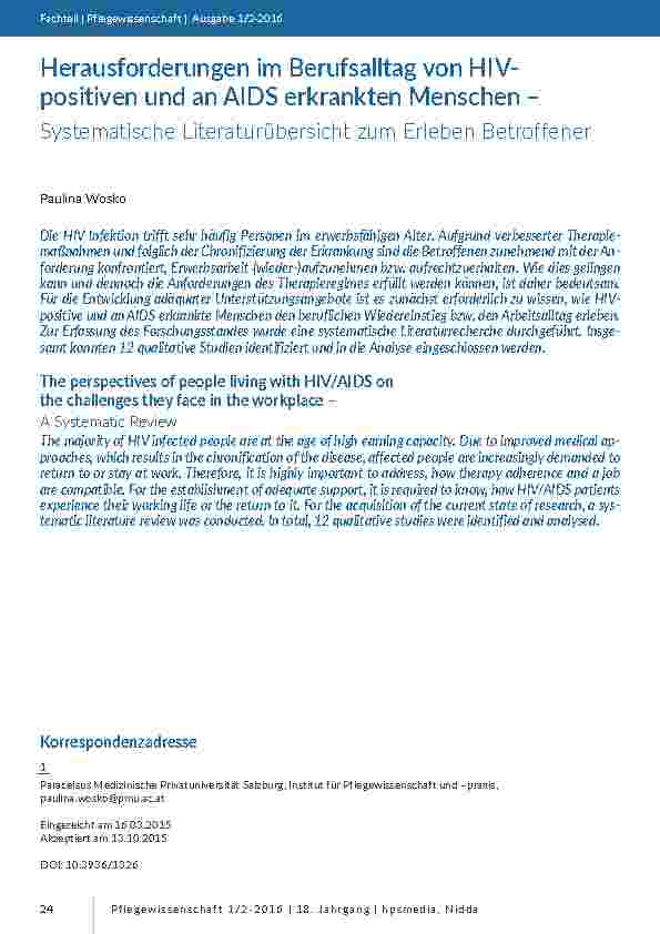 [doc_201468] Herausforderungen im Berufsalltag von HIVpositiven und an AIDS erkrankten Menschen – Systematische Literaturübersicht zum Erleben Betroffener