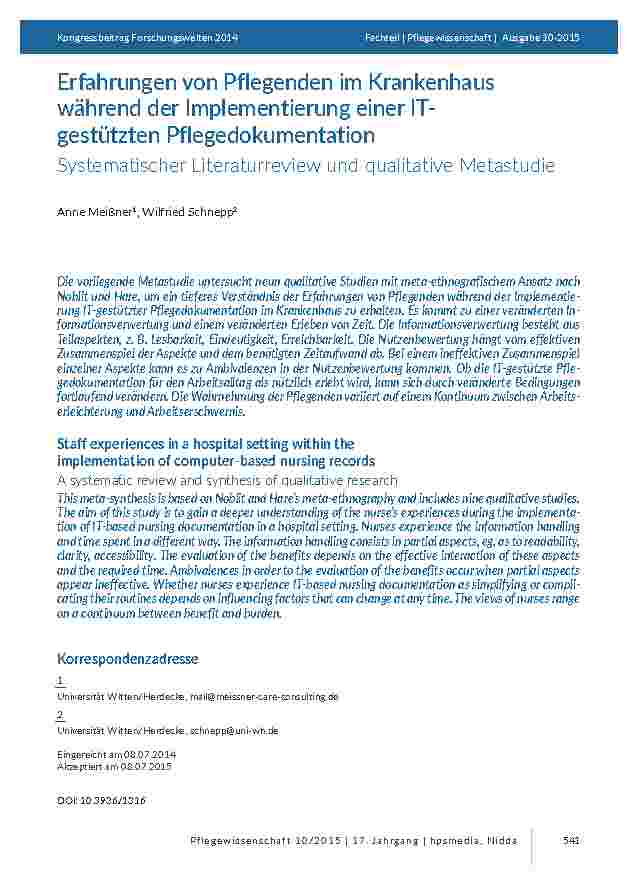 [doc_201439] Erfahrungen von Pflegenden im Krankenhaus während der Implementierung einer ITgestützten Pflegedokumentation. Systematischer Literaturreview und qualitative Metastudie