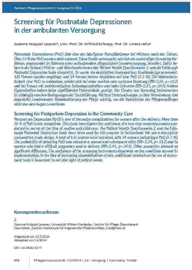 [doc_201377] Screening für Postnatale Depressionen in der ambulanten Versorgung