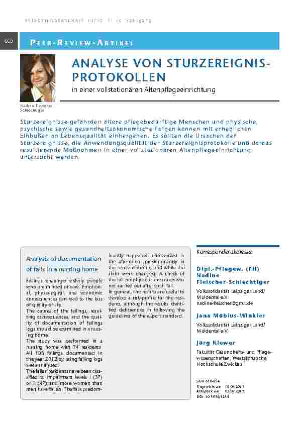 [doc_201324] Analyse von Sturzereignisprotokollen in einer vollstationären Altenpflegeeinrichtung